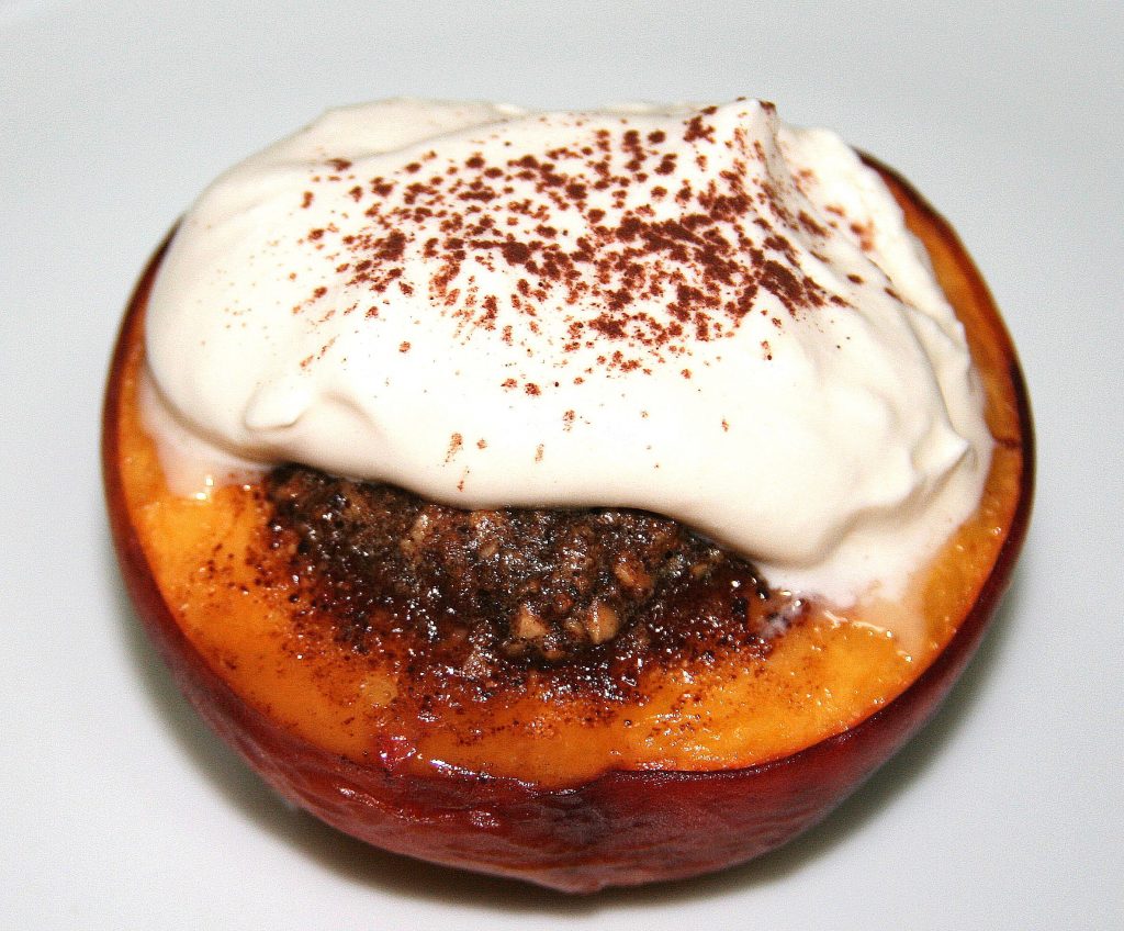 peach desserts, baked peaches, baked peaches with amaretti, mary beth clark,