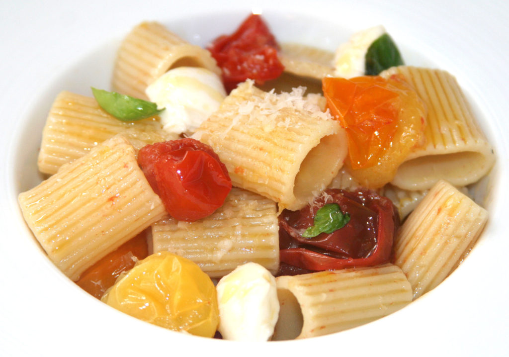 Mezzi Rigatoni with Burst Cherry Tomatoes, Mozzarella, P-R 3 rigatoni with burst cherry tomatoes