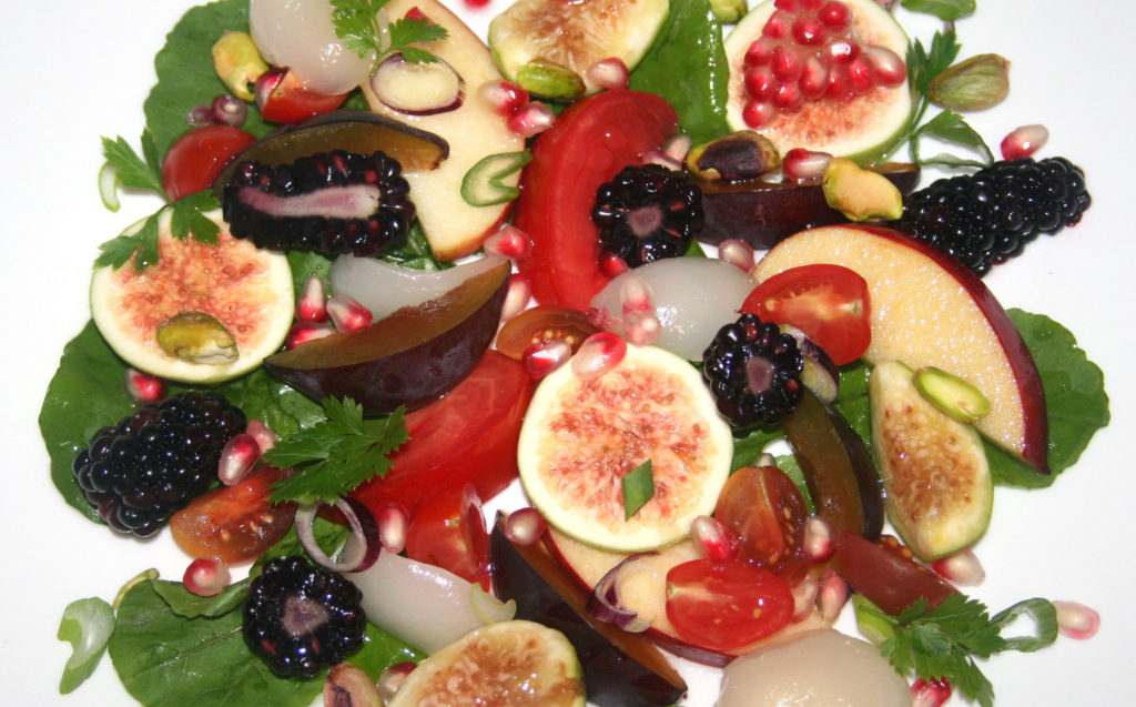Fresh Plum, Fig, and Tomato Salad, Honey Vinegar Dressing