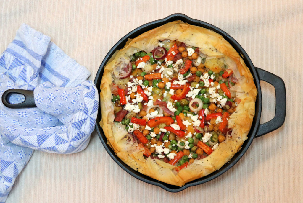 Baked Phyllo Tart with Cauliflower, Chickpeas, Peppers, Salame, Feta